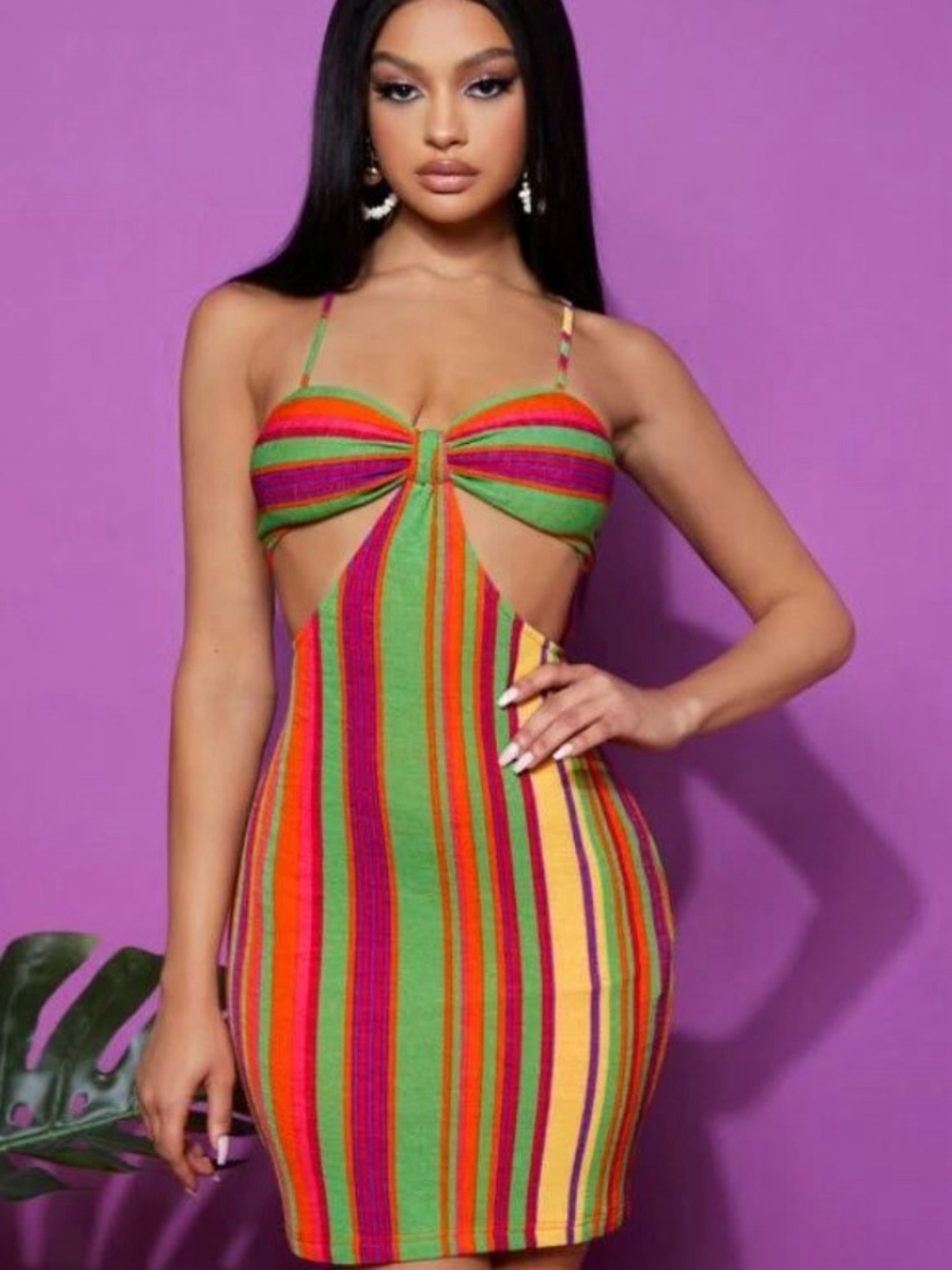 SHEIN Multicolor Striped Cutout Mini Dress in Green, Pink, Yellow